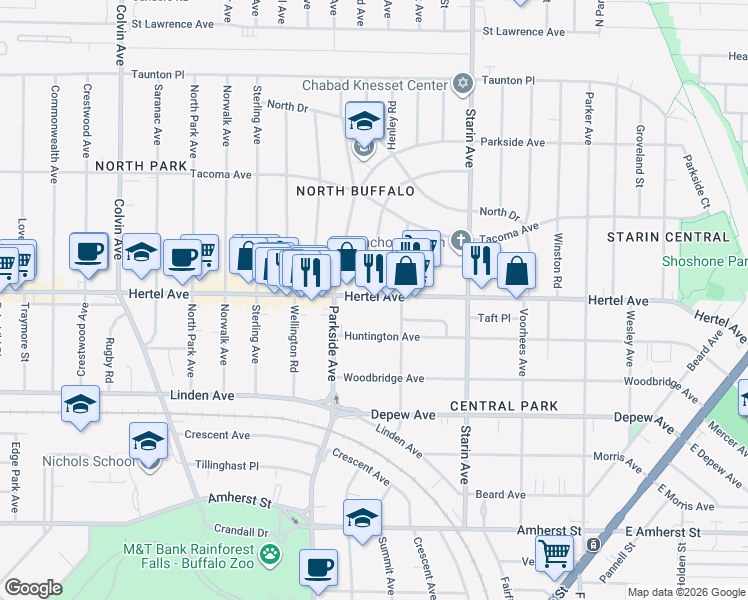 map of restaurants, bars, coffee shops, grocery stores, and more near 174 Wallace Avenue in Buffalo