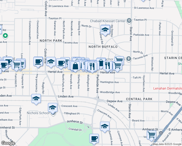 map of restaurants, bars, coffee shops, grocery stores, and more near 1556 Hertel Avenue in Buffalo
