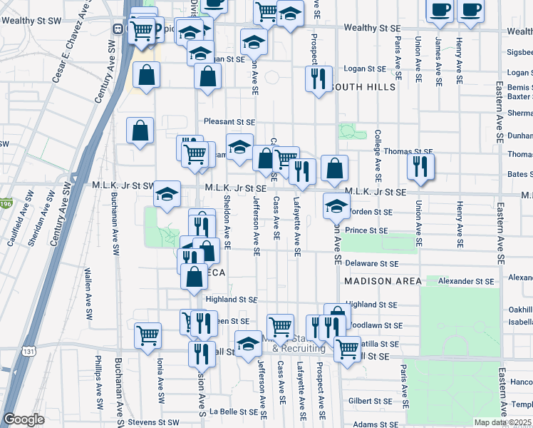 map of restaurants, bars, coffee shops, grocery stores, and more near 213 Powell Street Southeast in Grand Rapids