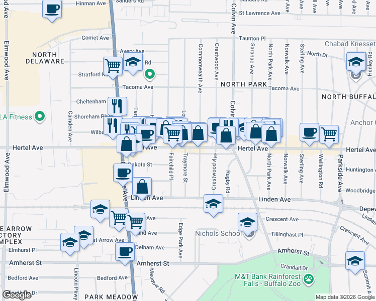 map of restaurants, bars, coffee shops, grocery stores, and more near 1225 Hertel Avenue in Buffalo