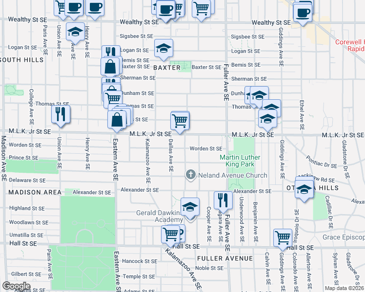 map of restaurants, bars, coffee shops, grocery stores, and more near 823 Neland Avenue Southeast in Grand Rapids