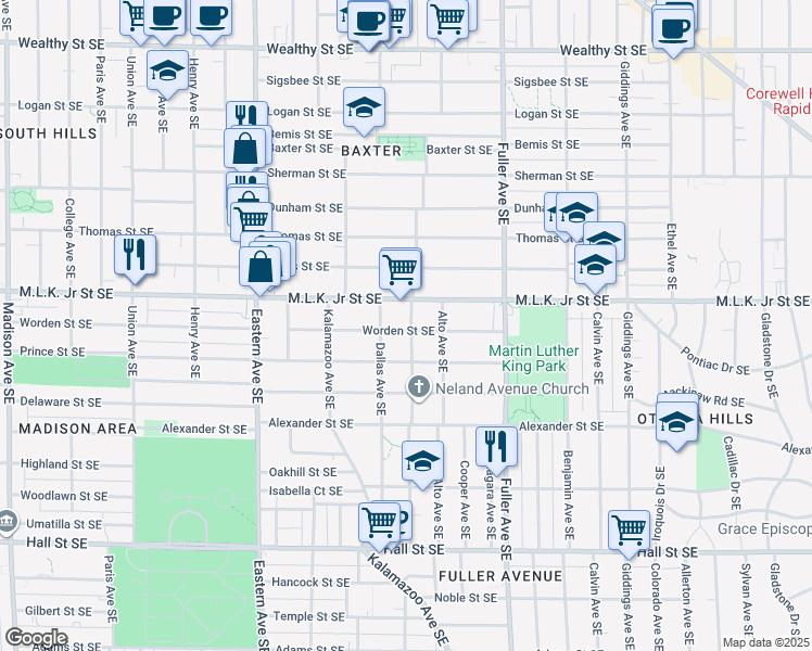 map of restaurants, bars, coffee shops, grocery stores, and more near 810 Dallas Avenue Southeast in Grand Rapids