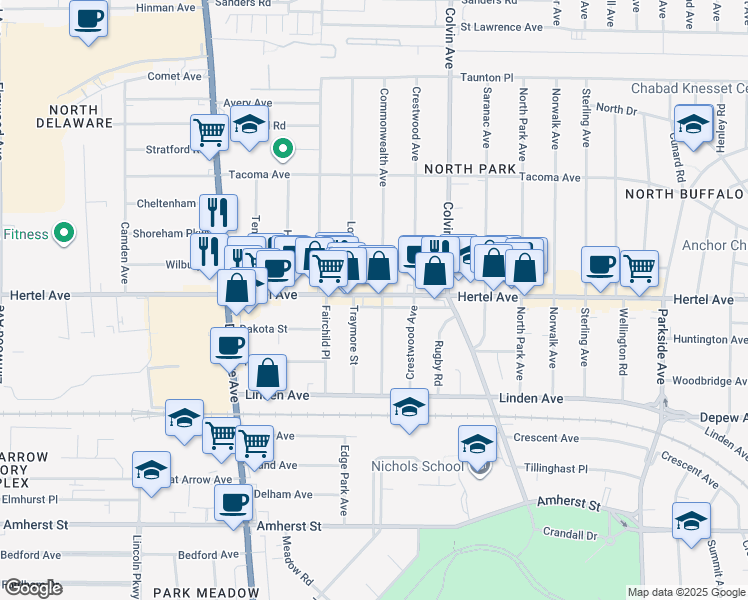 map of restaurants, bars, coffee shops, grocery stores, and more near in Buffalo