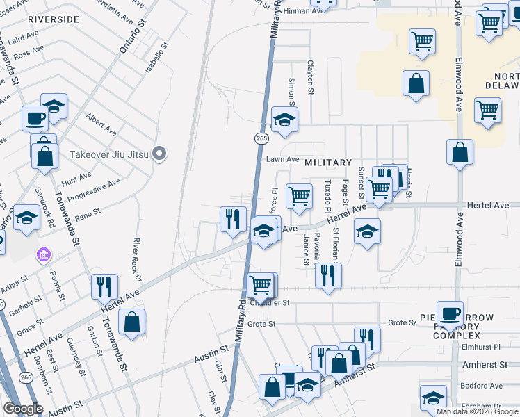 map of restaurants, bars, coffee shops, grocery stores, and more near 417 Military Road in Buffalo
