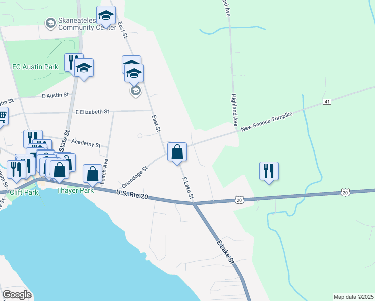 map of restaurants, bars, coffee shops, grocery stores, and more near 53 Onondaga Street in Skaneateles