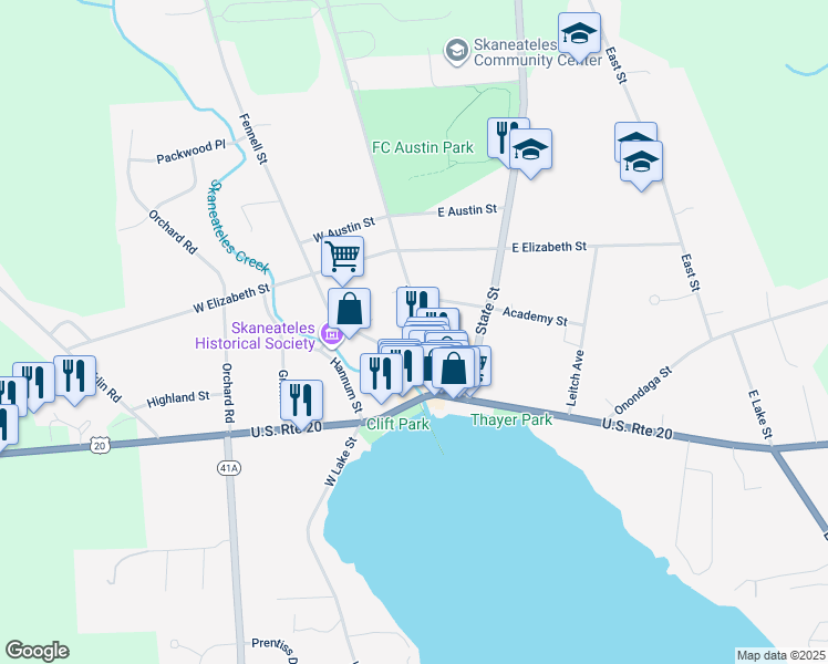 map of restaurants, bars, coffee shops, grocery stores, and more near 36 Jordan Street in Skaneateles
