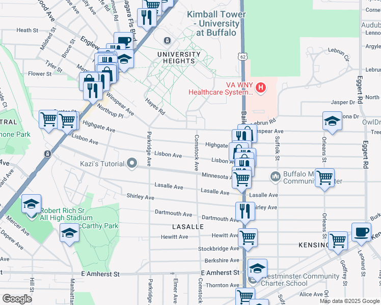 map of restaurants, bars, coffee shops, grocery stores, and more near 275 Highgate Avenue in Buffalo