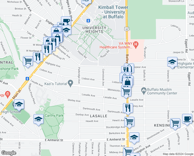 map of restaurants, bars, coffee shops, grocery stores, and more near 237 Highgate Avenue in Buffalo