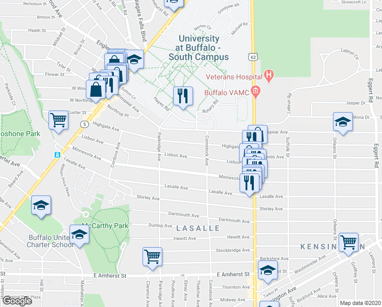 map of restaurants, bars, coffee shops, grocery stores, and more near 237 Highgate Avenue in Buffalo