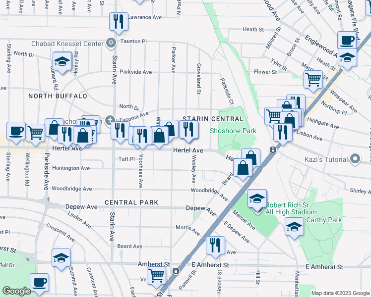 map of restaurants, bars, coffee shops, grocery stores, and more near 315 Parker Avenue in Buffalo