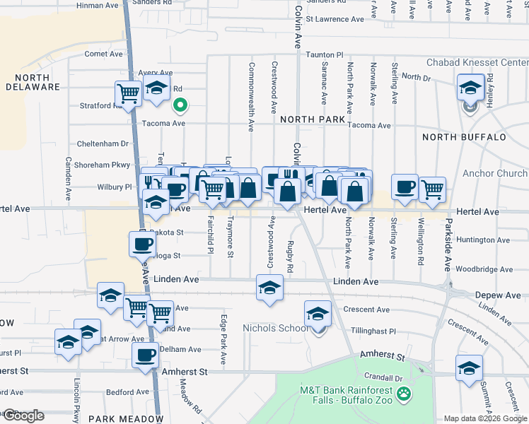 map of restaurants, bars, coffee shops, grocery stores, and more near 1278 Hertel Avenue in Buffalo