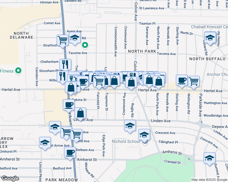 map of restaurants, bars, coffee shops, grocery stores, and more near in Buffalo