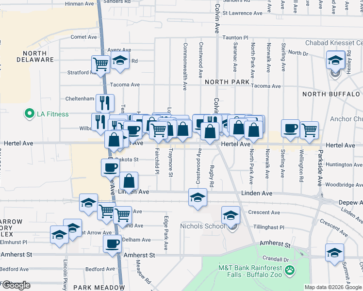 map of restaurants, bars, coffee shops, grocery stores, and more near in Buffalo