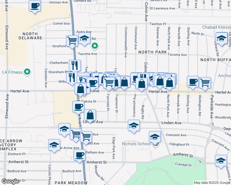 map of restaurants, bars, coffee shops, grocery stores, and more near in Buffalo