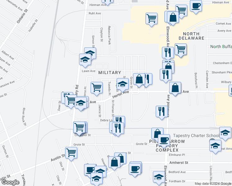 map of restaurants, bars, coffee shops, grocery stores, and more near 17 Page Street in Buffalo