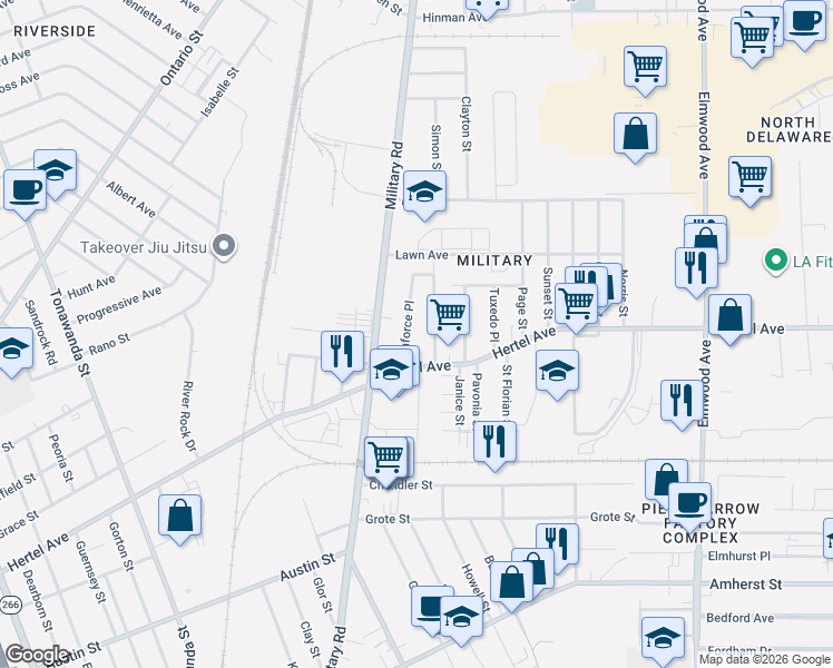 map of restaurants, bars, coffee shops, grocery stores, and more near 47 Laforce Place in Buffalo