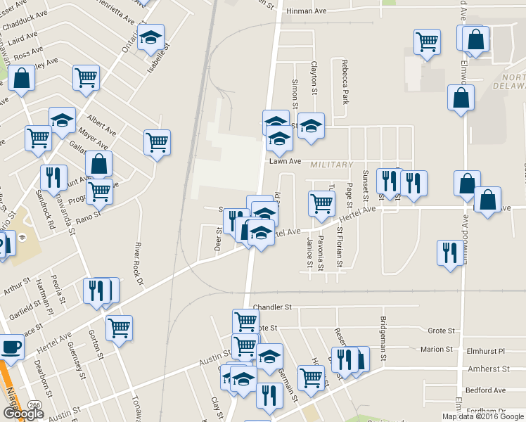 map of restaurants, bars, coffee shops, grocery stores, and more near 417 Military Road in Buffalo