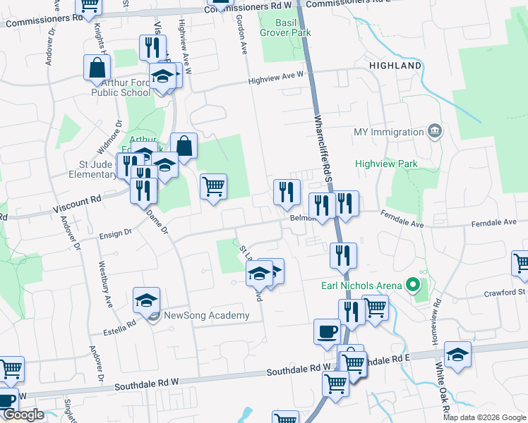 map of restaurants, bars, coffee shops, grocery stores, and more near 135 Belmont Drive in London