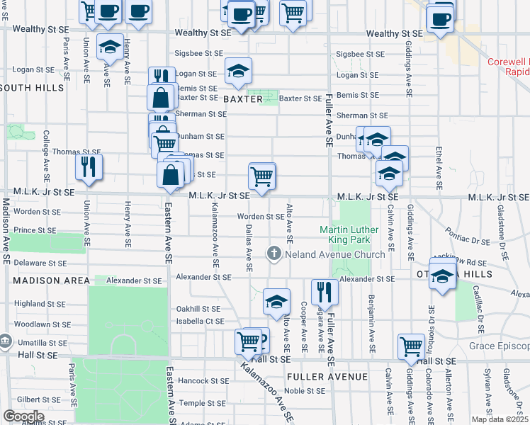 map of restaurants, bars, coffee shops, grocery stores, and more near 810 Dallas Avenue Southeast in Grand Rapids