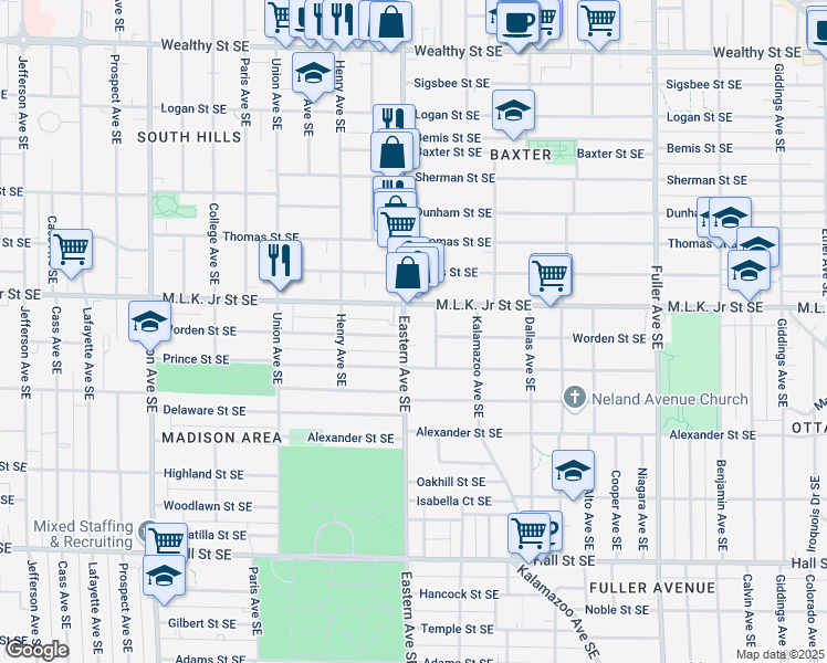 map of restaurants, bars, coffee shops, grocery stores, and more near 811 Geneva Avenue Southeast in Grand Rapids