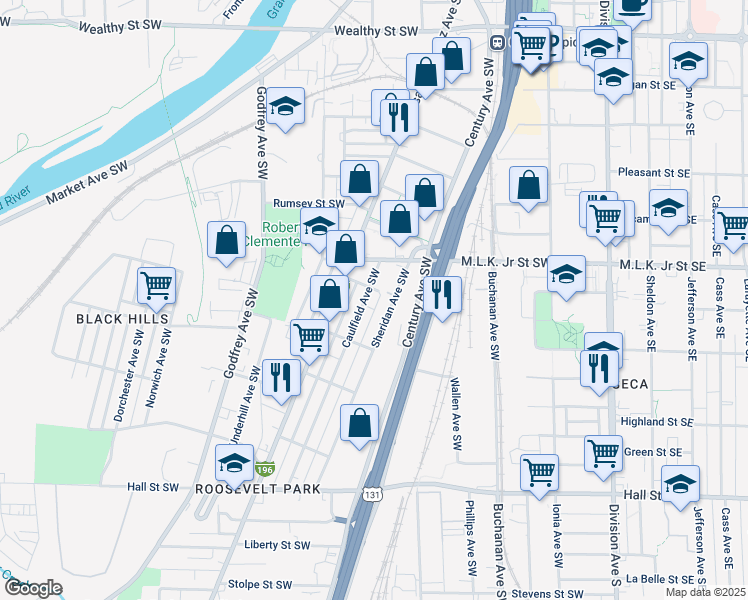 map of restaurants, bars, coffee shops, grocery stores, and more near 835 Sheridan Avenue Southwest in Grand Rapids