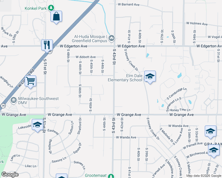 map of restaurants, bars, coffee shops, grocery stores, and more near 5319 South 43rd Street in Greenfield