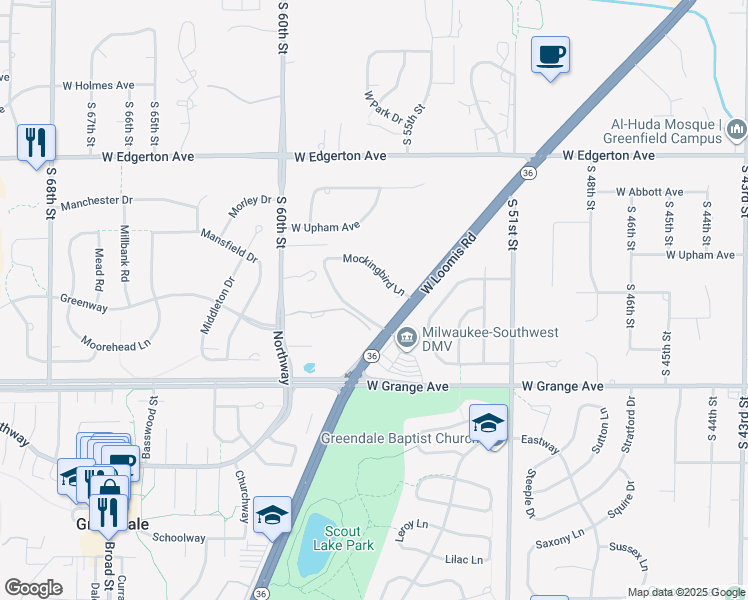 map of restaurants, bars, coffee shops, grocery stores, and more near 5600 Mockingbird Lane in Greendale
