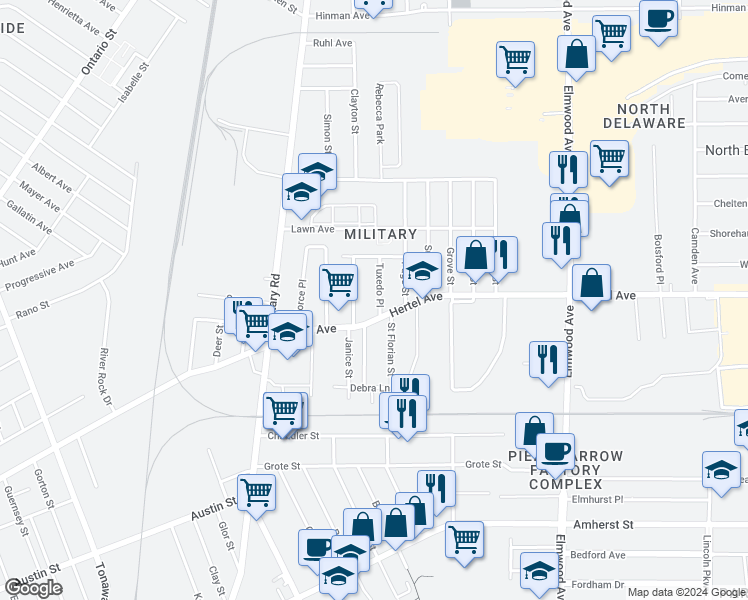 map of restaurants, bars, coffee shops, grocery stores, and more near 18 Tuxedo Place in Buffalo