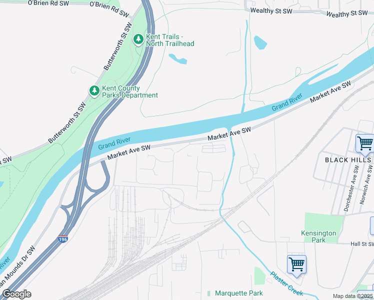 map of restaurants, bars, coffee shops, grocery stores, and more near 1300 Market Avenue Southwest in Grand Rapids