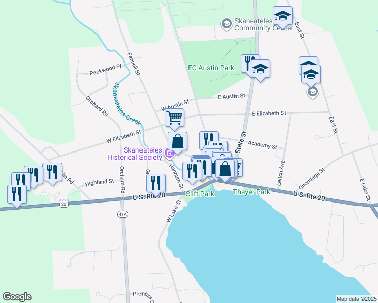 map of restaurants, bars, coffee shops, grocery stores, and more near 22 Fennell Street in Skaneateles
