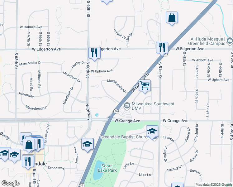 map of restaurants, bars, coffee shops, grocery stores, and more near 5600 Mockingbird Lane in Greendale