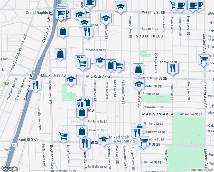 map of restaurants, bars, coffee shops, grocery stores, and more near 838 Jefferson Avenue Southeast in Grand Rapids