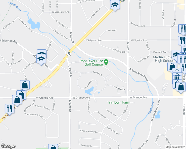 map of restaurants, bars, coffee shops, grocery stores, and more near 8881 Westlake Drive in Greendale