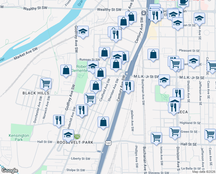 map of restaurants, bars, coffee shops, grocery stores, and more near 840 Caulfield Avenue Southwest in Grand Rapids