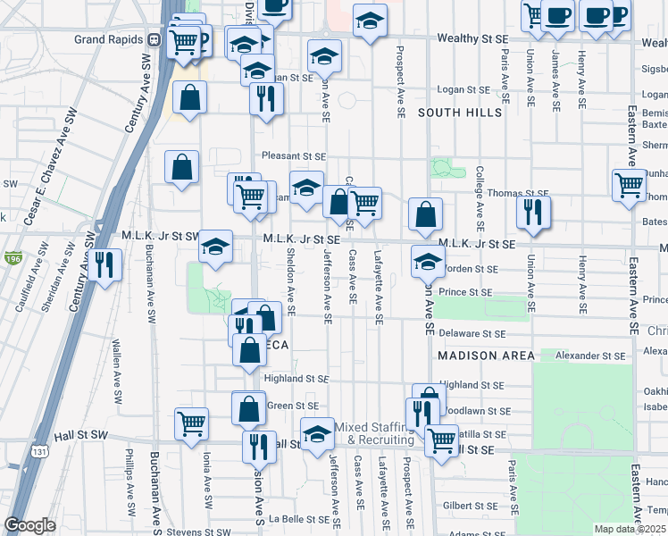 map of restaurants, bars, coffee shops, grocery stores, and more near 836 Jefferson Avenue Southeast in Grand Rapids