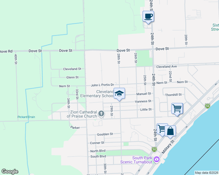 map of restaurants, bars, coffee shops, grocery stores, and more near 2902 Nern Street in Port Huron