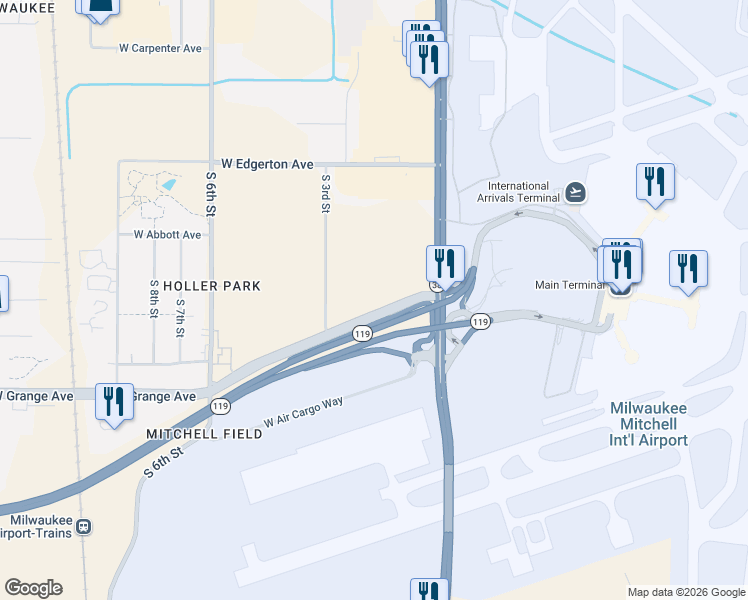 map of restaurants, bars, coffee shops, grocery stores, and more near 180 West Grange Avenue in Milwaukee