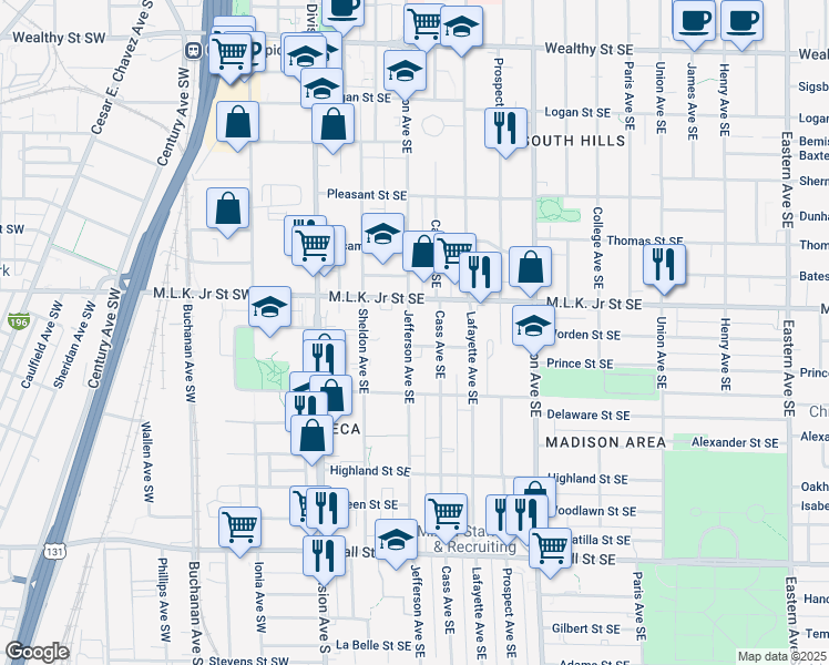 map of restaurants, bars, coffee shops, grocery stores, and more near 838 Jefferson Avenue Southeast in Grand Rapids