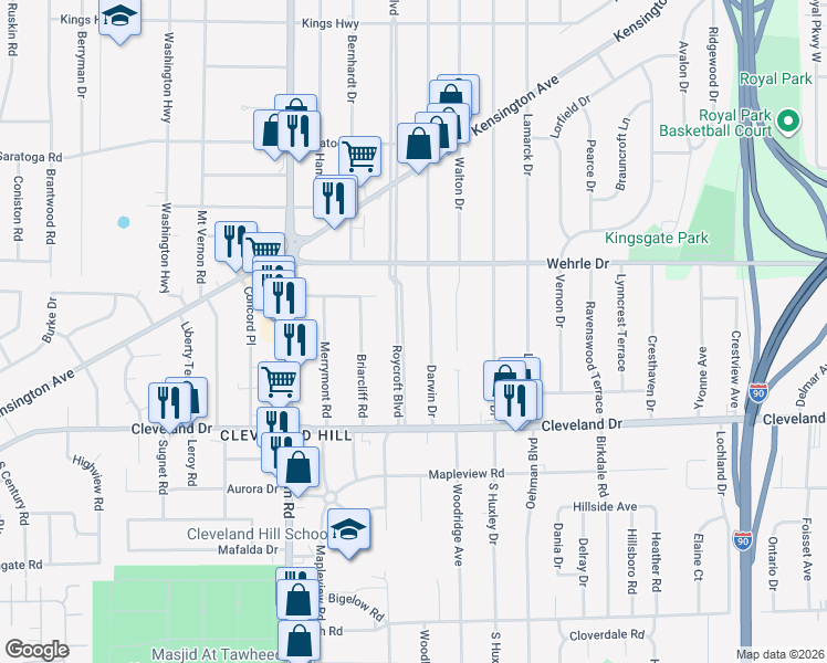 map of restaurants, bars, coffee shops, grocery stores, and more near 534 Roycroft Boulevard in Buffalo
