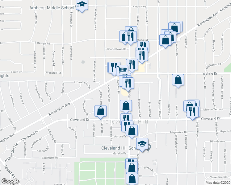 map of restaurants, bars, coffee shops, grocery stores, and more near 110 Concord Drive in Buffalo