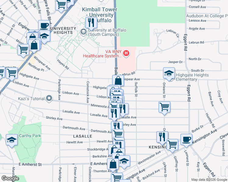 map of restaurants, bars, coffee shops, grocery stores, and more near 356 Highgate Avenue in Buffalo