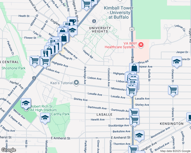 map of restaurants, bars, coffee shops, grocery stores, and more near 197 Highgate Avenue in Buffalo