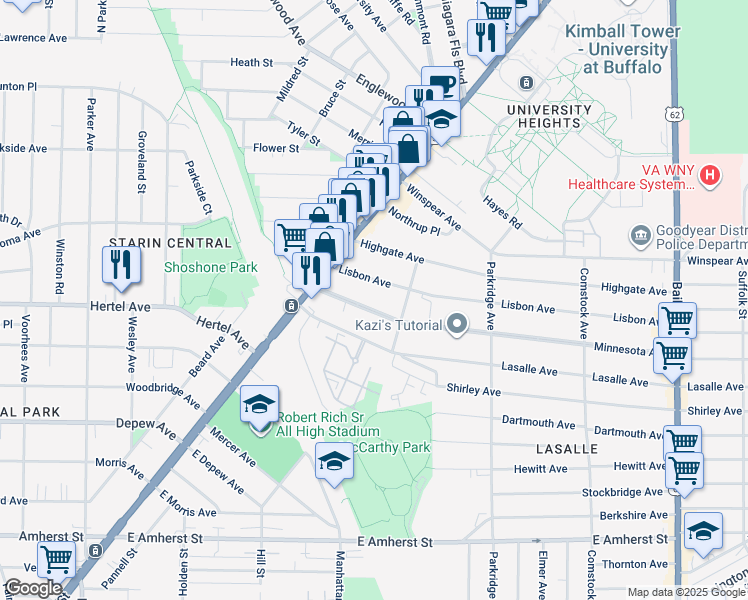 map of restaurants, bars, coffee shops, grocery stores, and more near 55 Lisbon Avenue in Buffalo