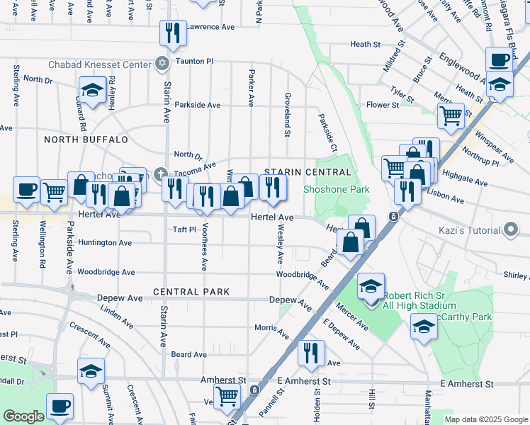 map of restaurants, bars, coffee shops, grocery stores, and more near 315 Parker Avenue in Buffalo