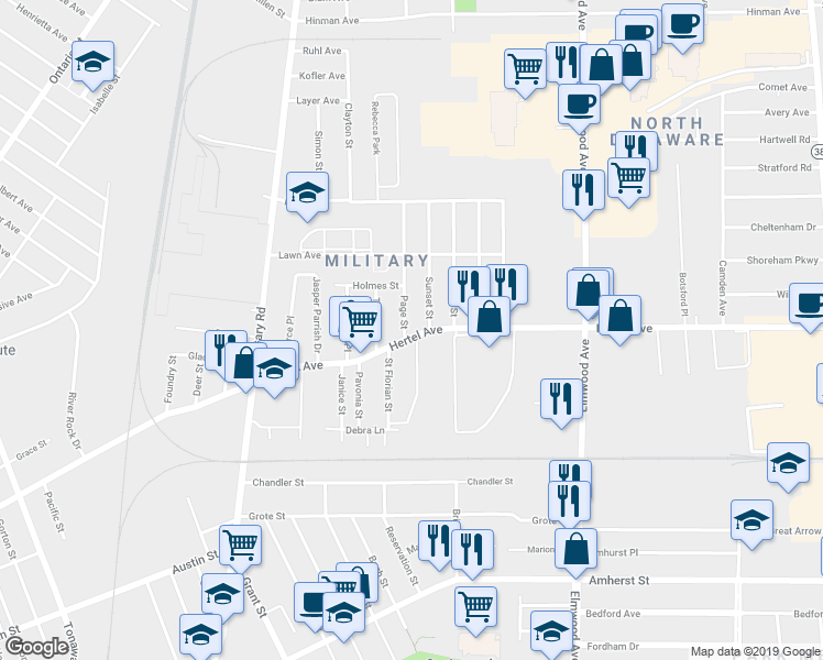 map of restaurants, bars, coffee shops, grocery stores, and more near 17 Page Street in Buffalo