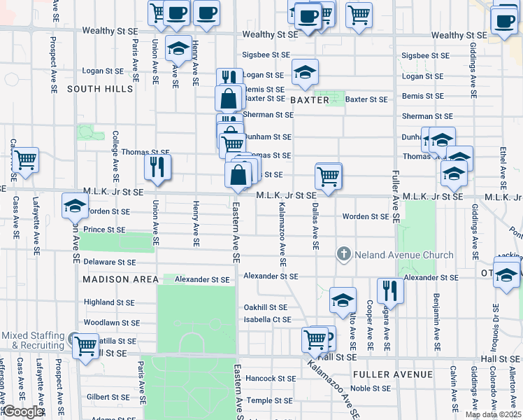 map of restaurants, bars, coffee shops, grocery stores, and more near 860 Franklin Street Southeast in Grand Rapids