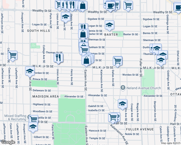 map of restaurants, bars, coffee shops, grocery stores, and more near 811 Geneva Avenue Southeast in Grand Rapids