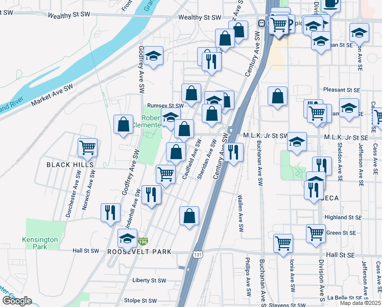 map of restaurants, bars, coffee shops, grocery stores, and more near 847 Caulfield Avenue Southwest in Grand Rapids