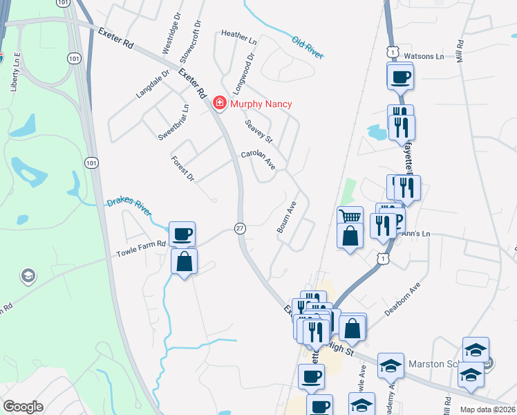 map of restaurants, bars, coffee shops, grocery stores, and more near 107 Exeter Road in Hampton