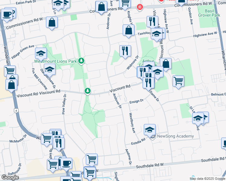 map of restaurants, bars, coffee shops, grocery stores, and more near Viscount Rd & Andover Dr in London
